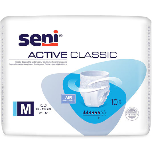 Seni Active Classic – scutece tip chilot pentru adulți, M (80–110 cm), 10 buc.