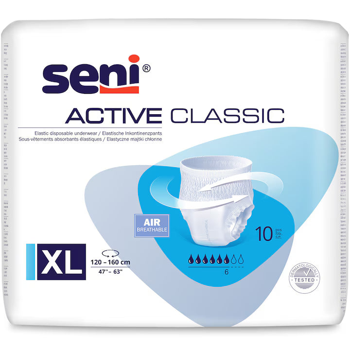 Seni Active Classic – scutece tip chilot pentru adulți, XL (120–160 cm), 10 buc.